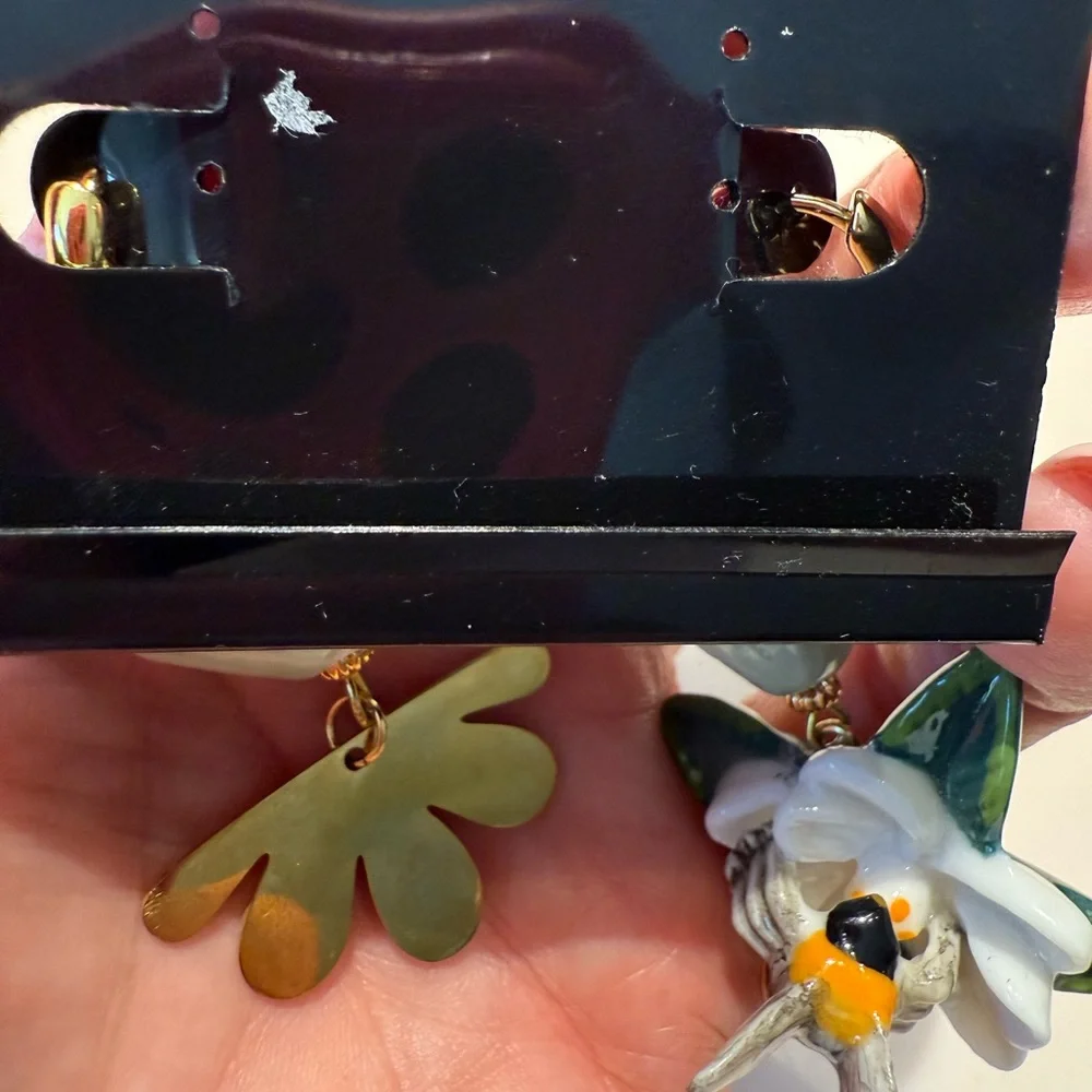 Whimsical Mismatched Bee & Flower Statement Earrings One of‎ a Kind Artisan